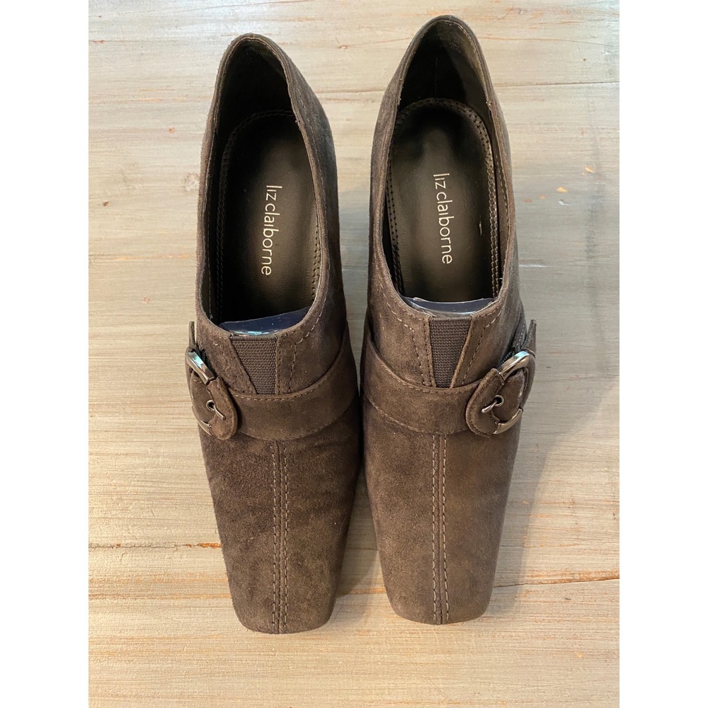 Liz Claiborne Maribel Brown Suede Square Toe Buckle Shootie Heels Womens 6M